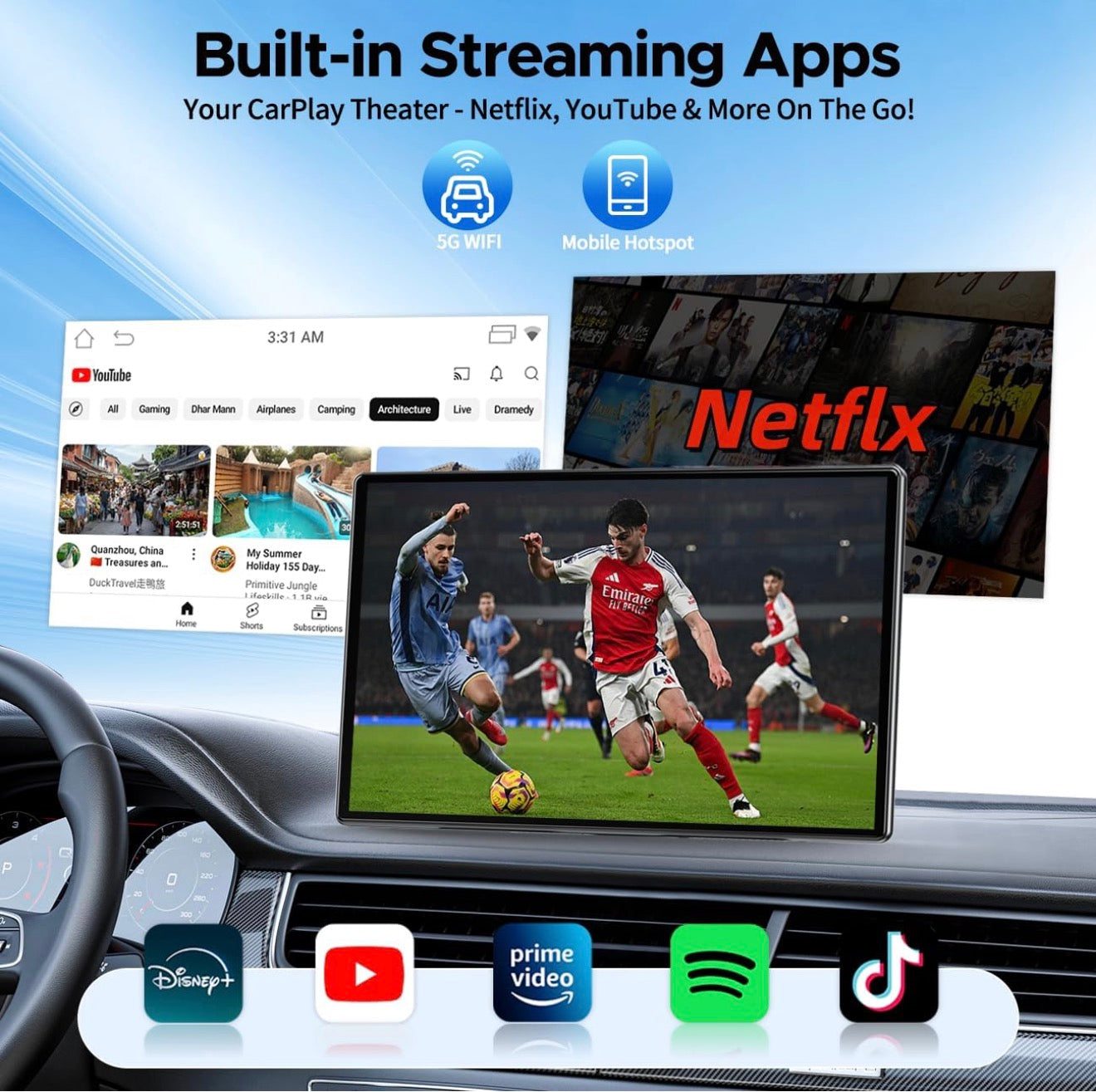 9 inch Wireless CarPlay Screen with NetFlix & YouTube